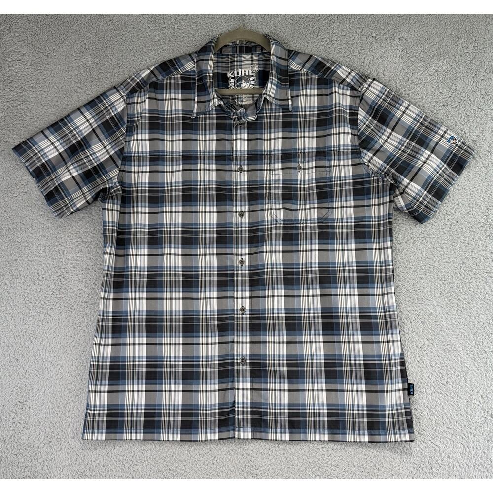 Kuhl Short Sleeve Button Up Shirt Mens XL Blue Green Black Plaid Performance